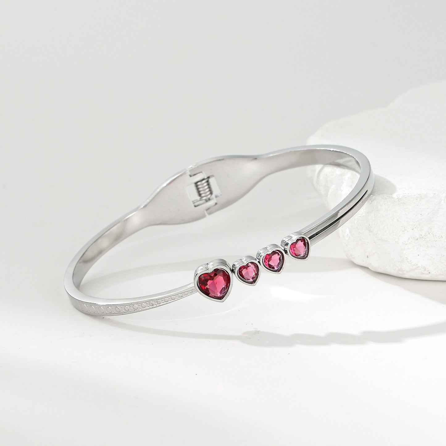 MY2133 Stainless Steel Openable Bangle with Pink Zircon Design in Heart Shape (2.4inch)