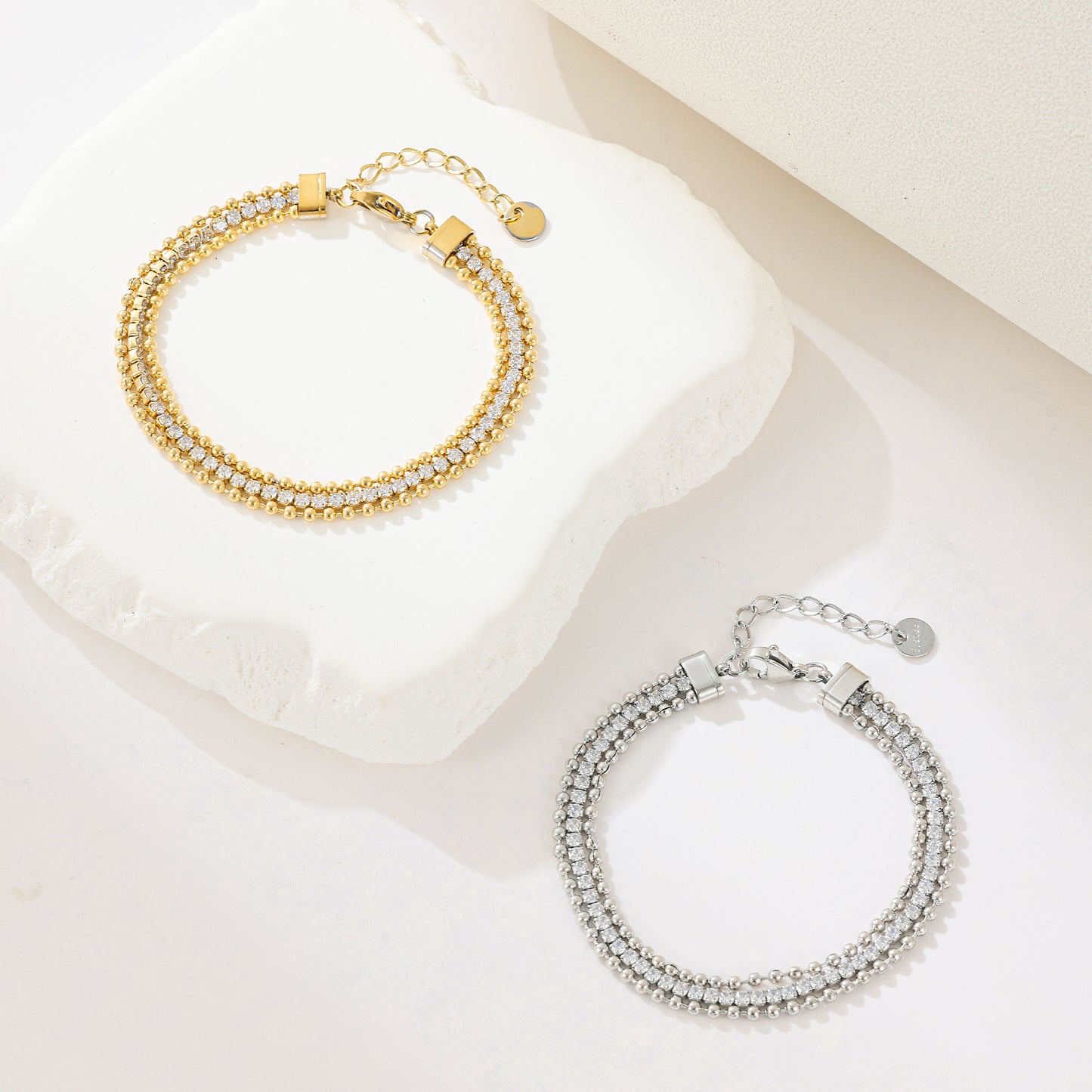 MY1597 Stainless Steel Bead Bracelet Plated Adored with White Zircon