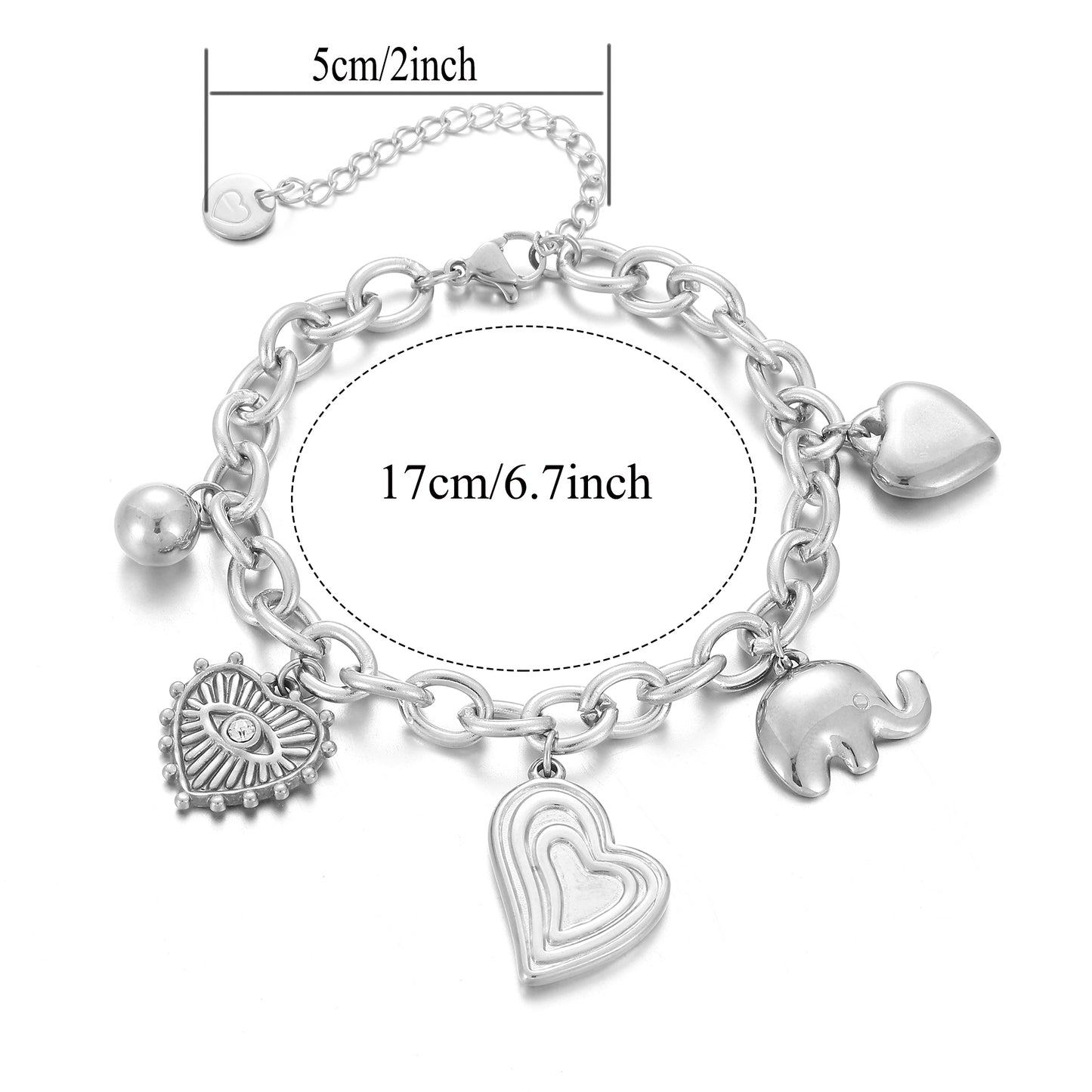MY1706 Stainless Steel Bracelet with Elephant and Heart Charm