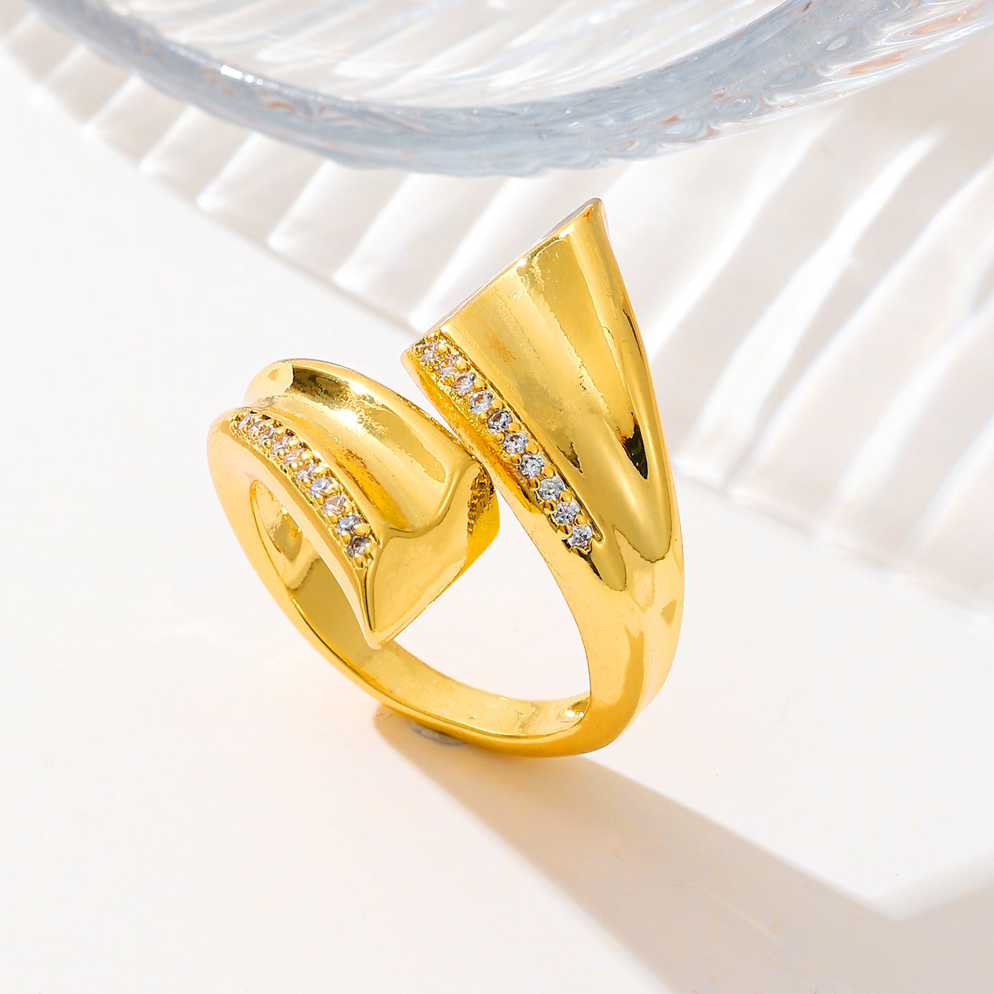 MY1745 24K Gold Plated Openable Copper Ring with Zircon Design for Women