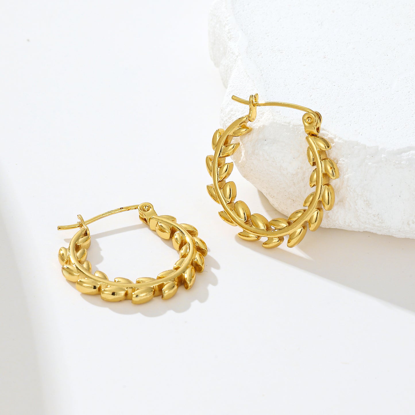 MY2004 Stainless Steel Hoop Earrings Plated with Real Gold in Olive Branches Design