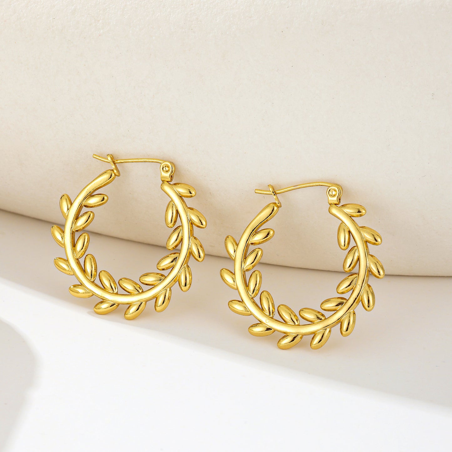 MY2019 Stainless Steel Hoop Earrings Plated with Real Gold in Olive Branches Design