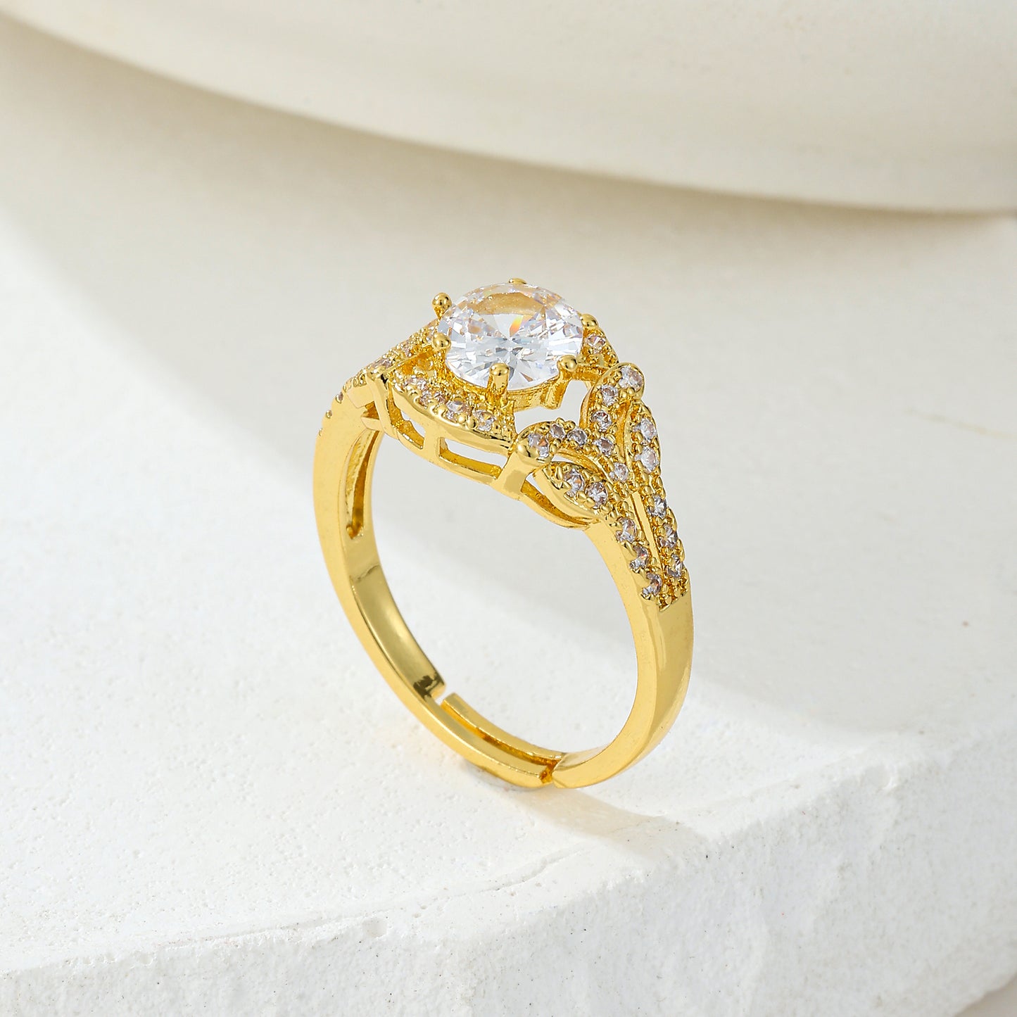 MY2048 24K Gold-Plated Adjustable Copper Ring with White Zircon Design for Women