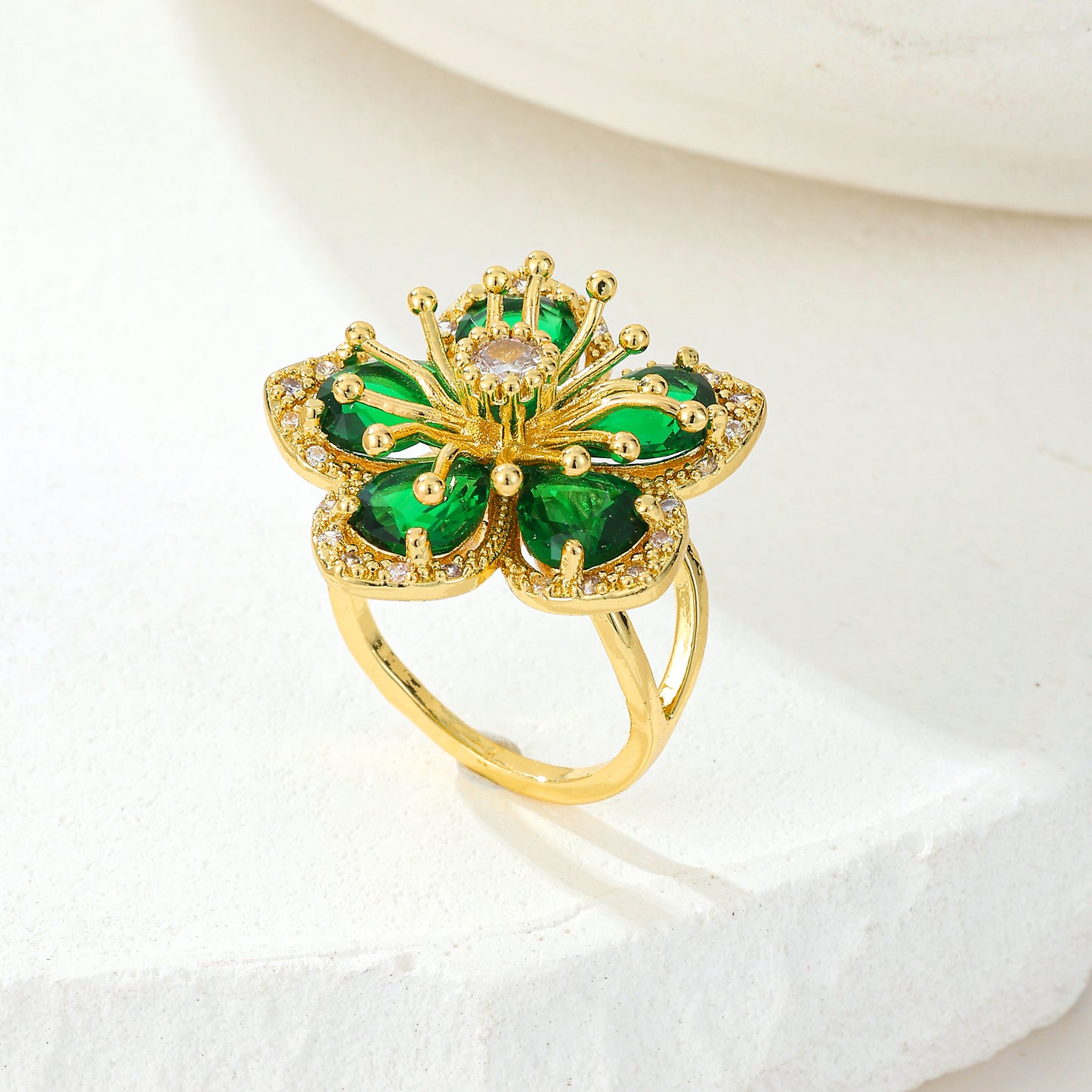 MY2049 24K Gold-Plated Adjustable Copper Ring with Green Zircon Design in Flower Shape