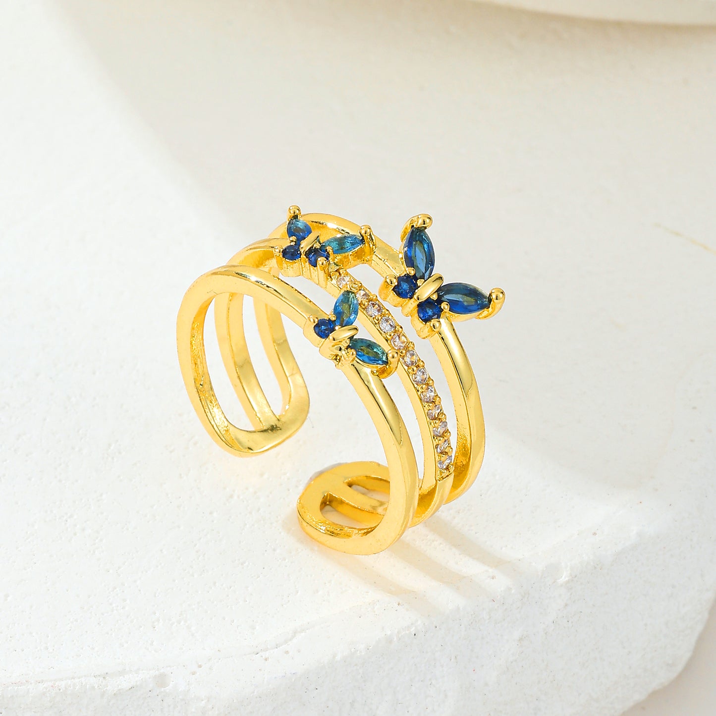MY2050 24K Gold-Plated Openable Copper Ring with Butterfly-Shaped Design Adorned with Blue Zircon