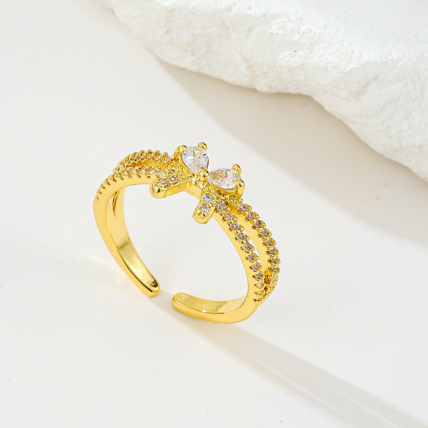 MY2065 24K Gold-Plated Openable Copper Ring with Bow Design Adorned with White Zircon