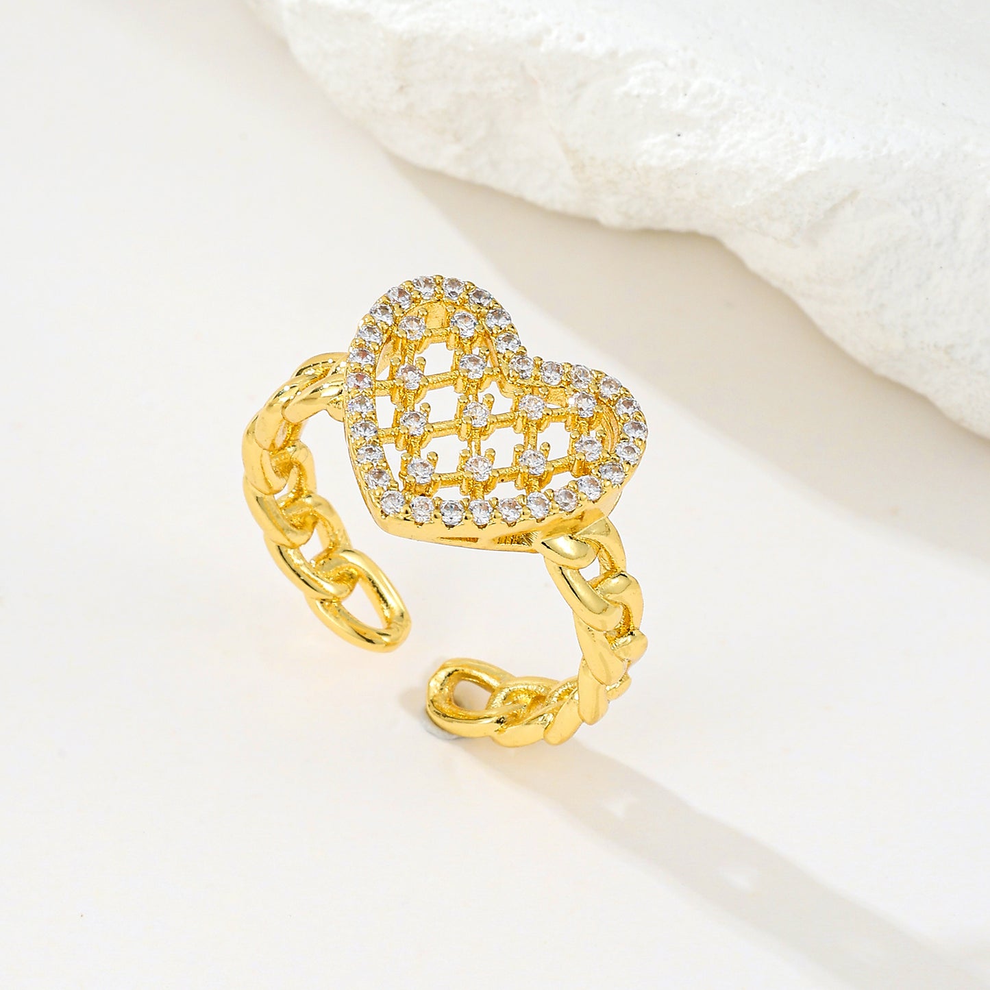 MY2066 24K Gold-Plated Openable Copper Ring with Heart-Shaped Design Adorned with White Zircon