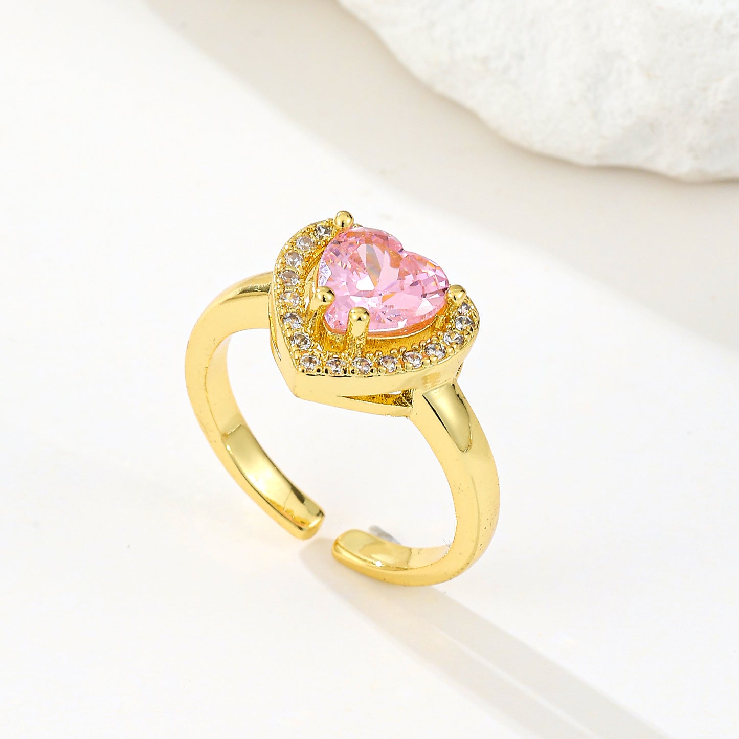 MY2061 Gold-Plated Openable Copper Ring with Pink Heart-Shaped Design Adorned with Zircon