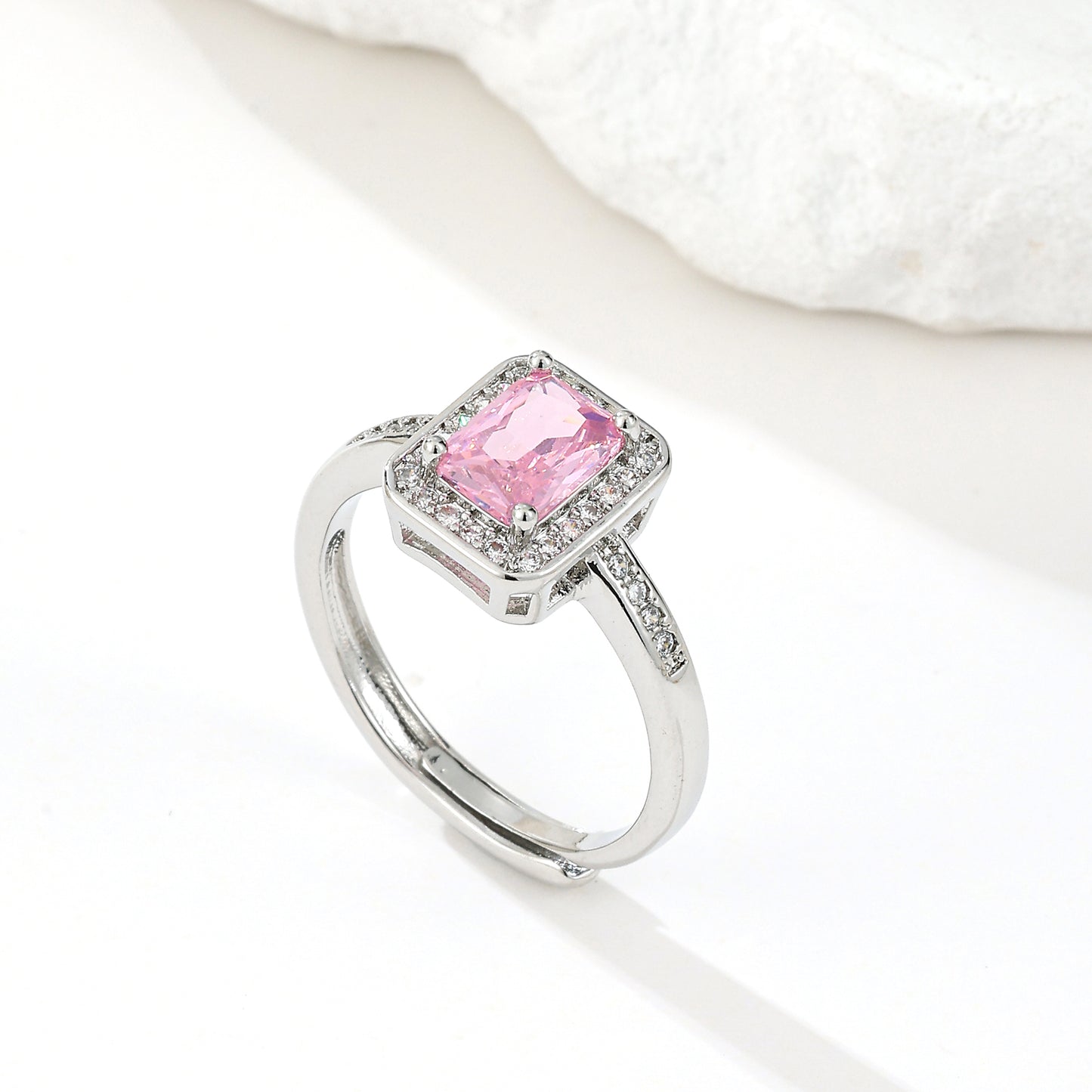 MY2071 White Gold Plated Adjustable Copper Ring Adorned with Pink Zircon