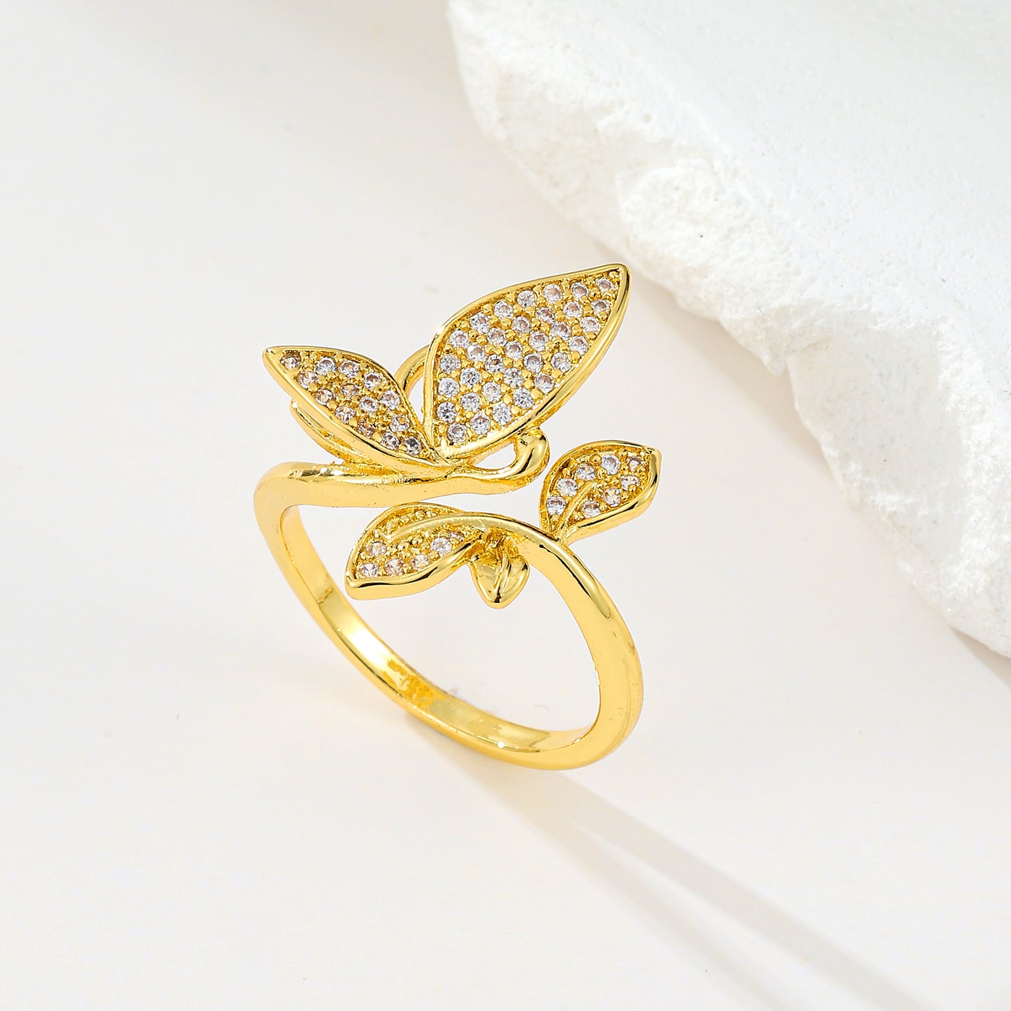 MY2074 24K Gold-Plated Openable Copper Ring with Butterfly-Shaped Design Adorned with White Zircon
