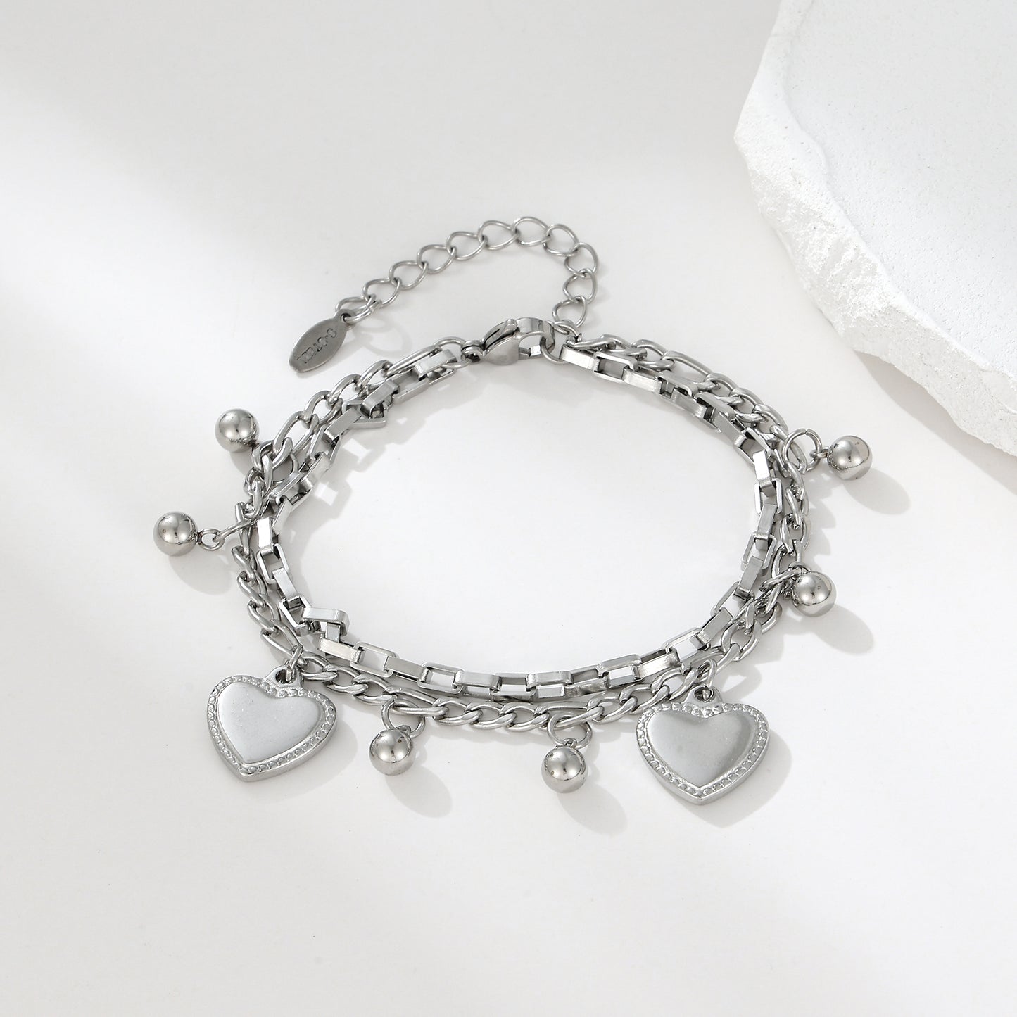 MY2119 Stainless Steel Adjustable AB Chain Bracelet with Heart and Ball Charm