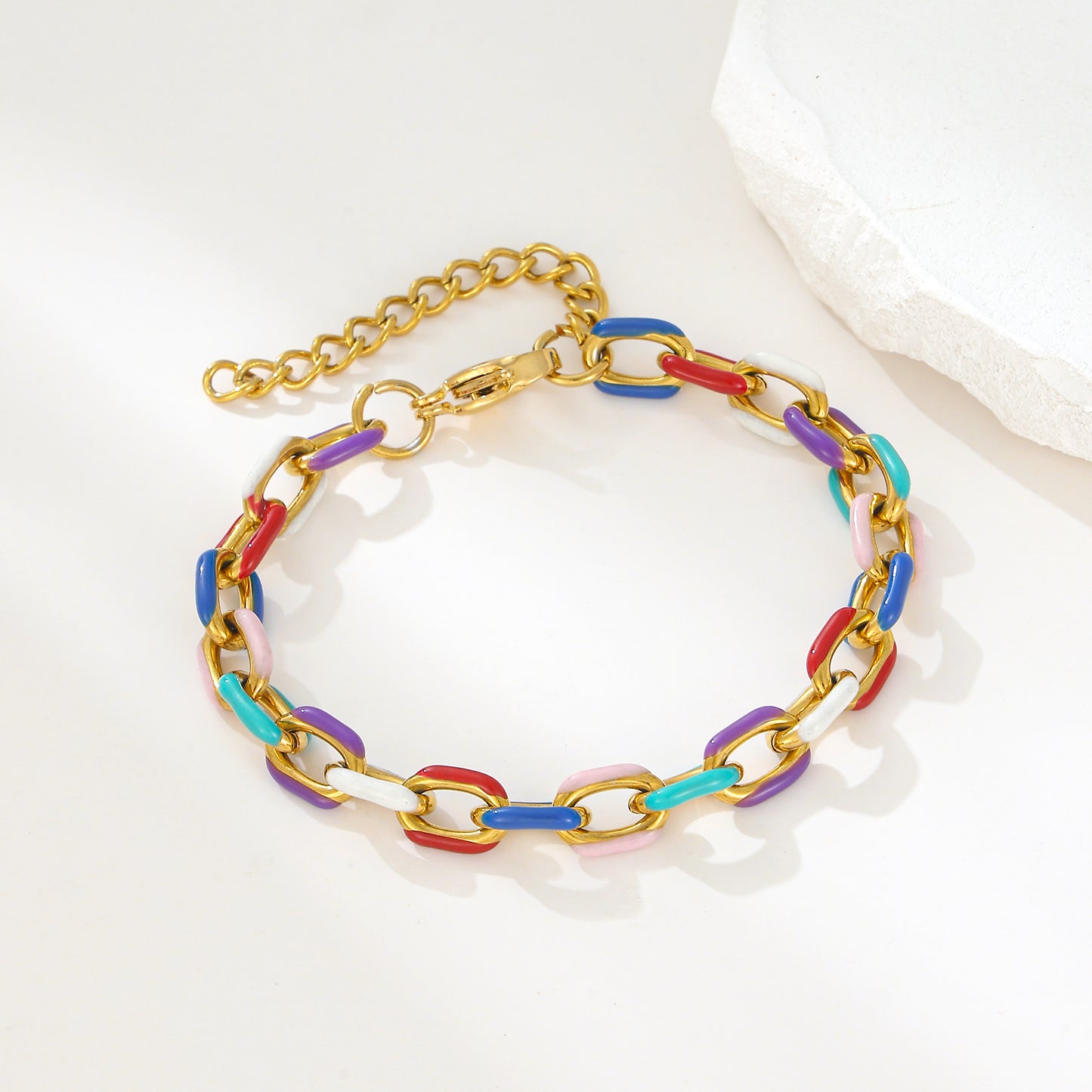 MY2128 Stainless Steel Adjustable Colored Cross-Link Chain Bracelet Plated with Real Gold