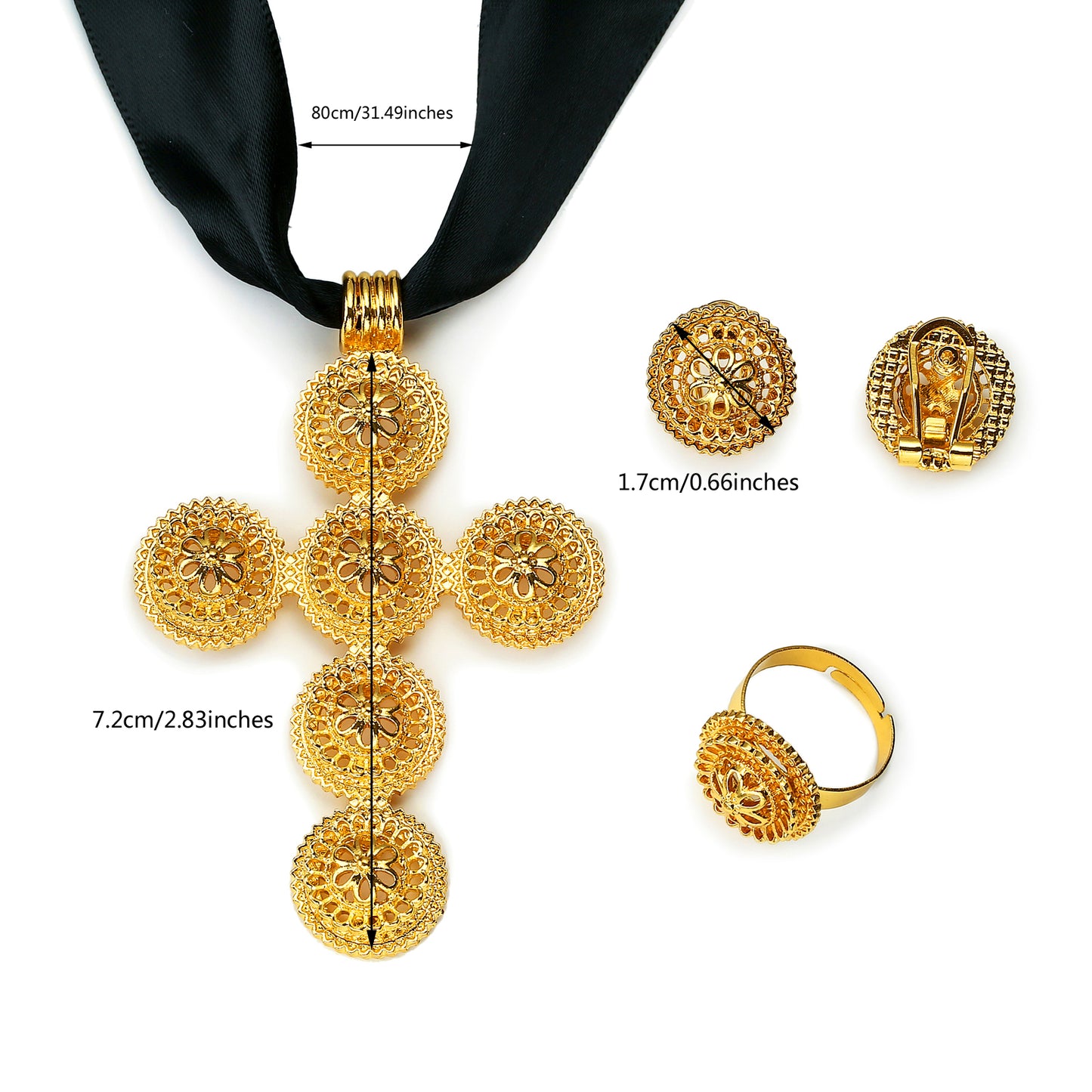 New Gold Color Plated Cross Ethiopian Jewelry Set for women Bride Bridesmaid Anniversary Party Accessories