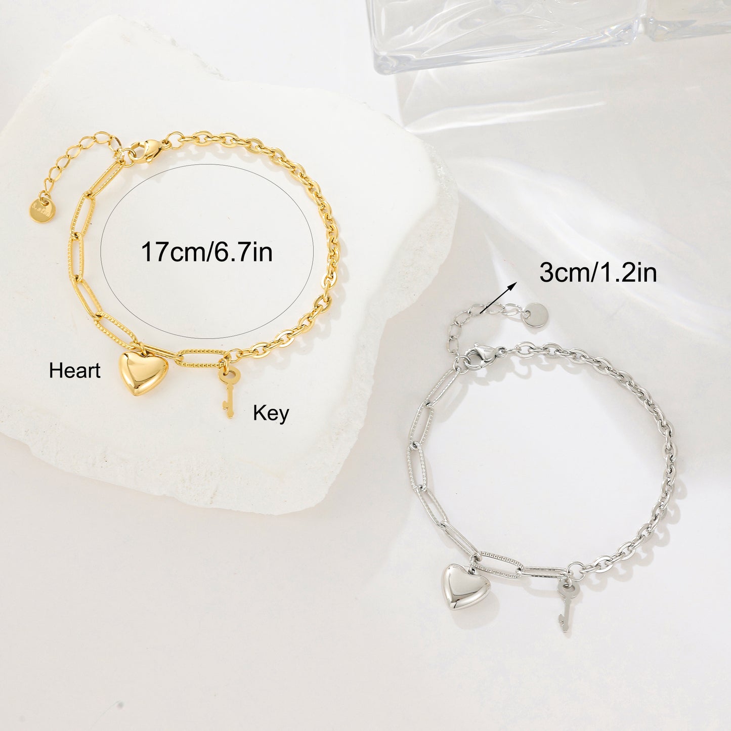 MY1580 Stainless Steel AB Chain Bracelet Plated with Heart and Key Charm