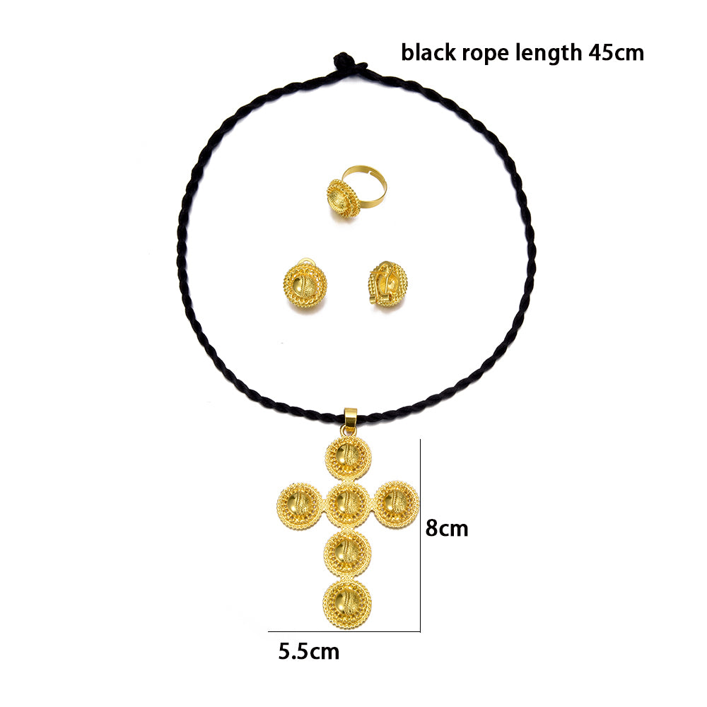 New Gold color Plated Cross Ethiopian Jewelry Set for women Bride Bridesmaid Anniversary Party Accessories