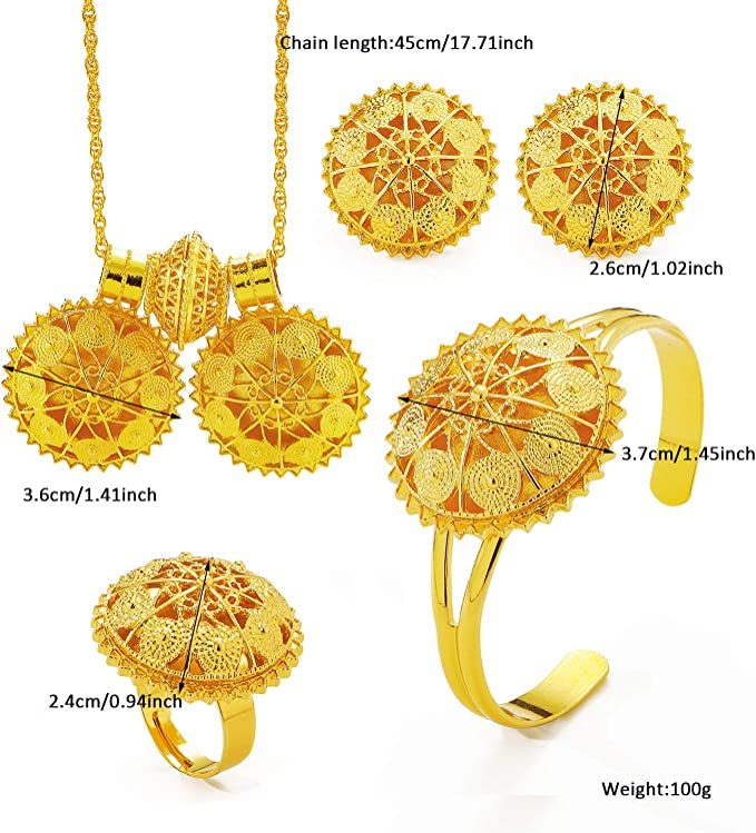 4Pcs 18K Gold Plated Ethiopian Jewelry Sets Necklace Eritrean/Habesha Bride Wedding Gifts