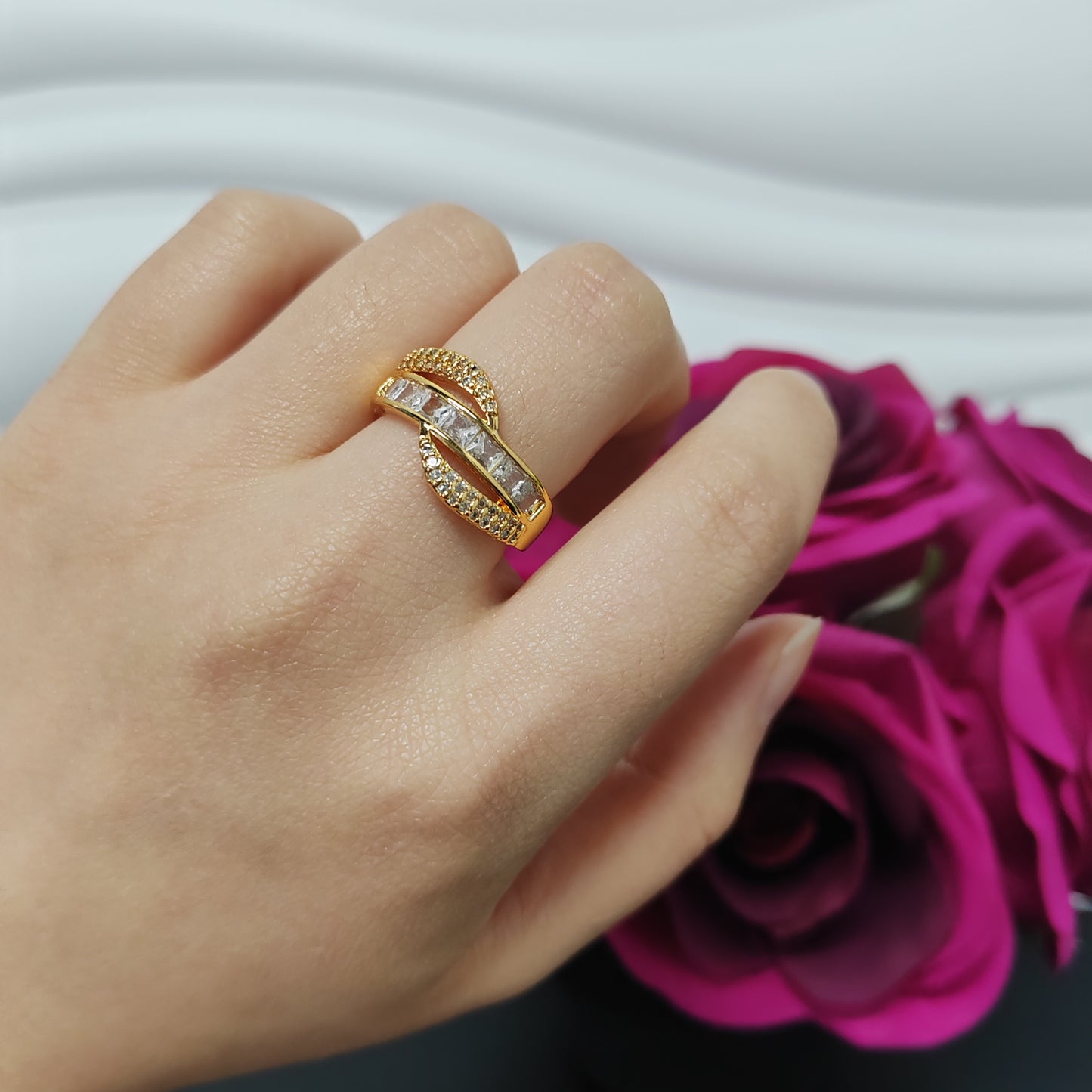 3pcs/ lot 24K golden copper ring zircon ring adjustable size