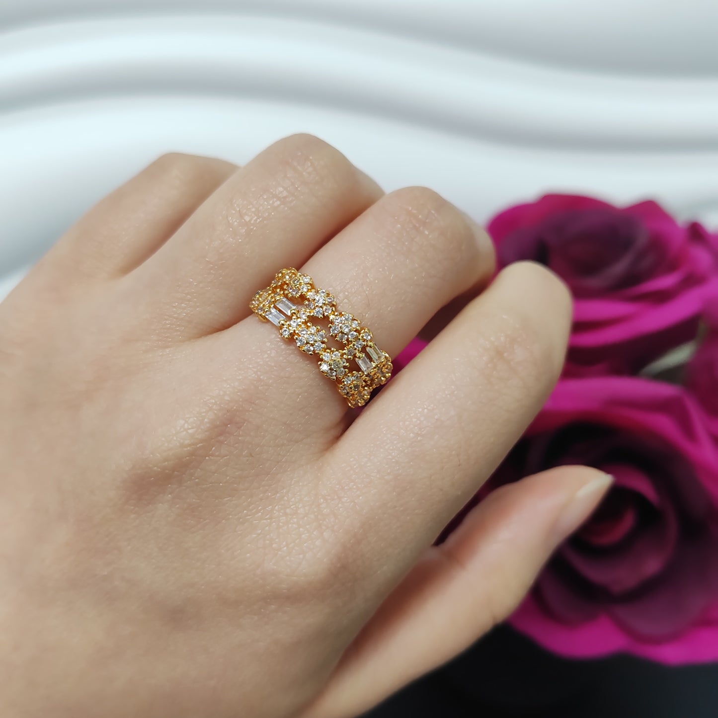 3pcs/ lot 24K golden copper ring zircon ring adjustable size