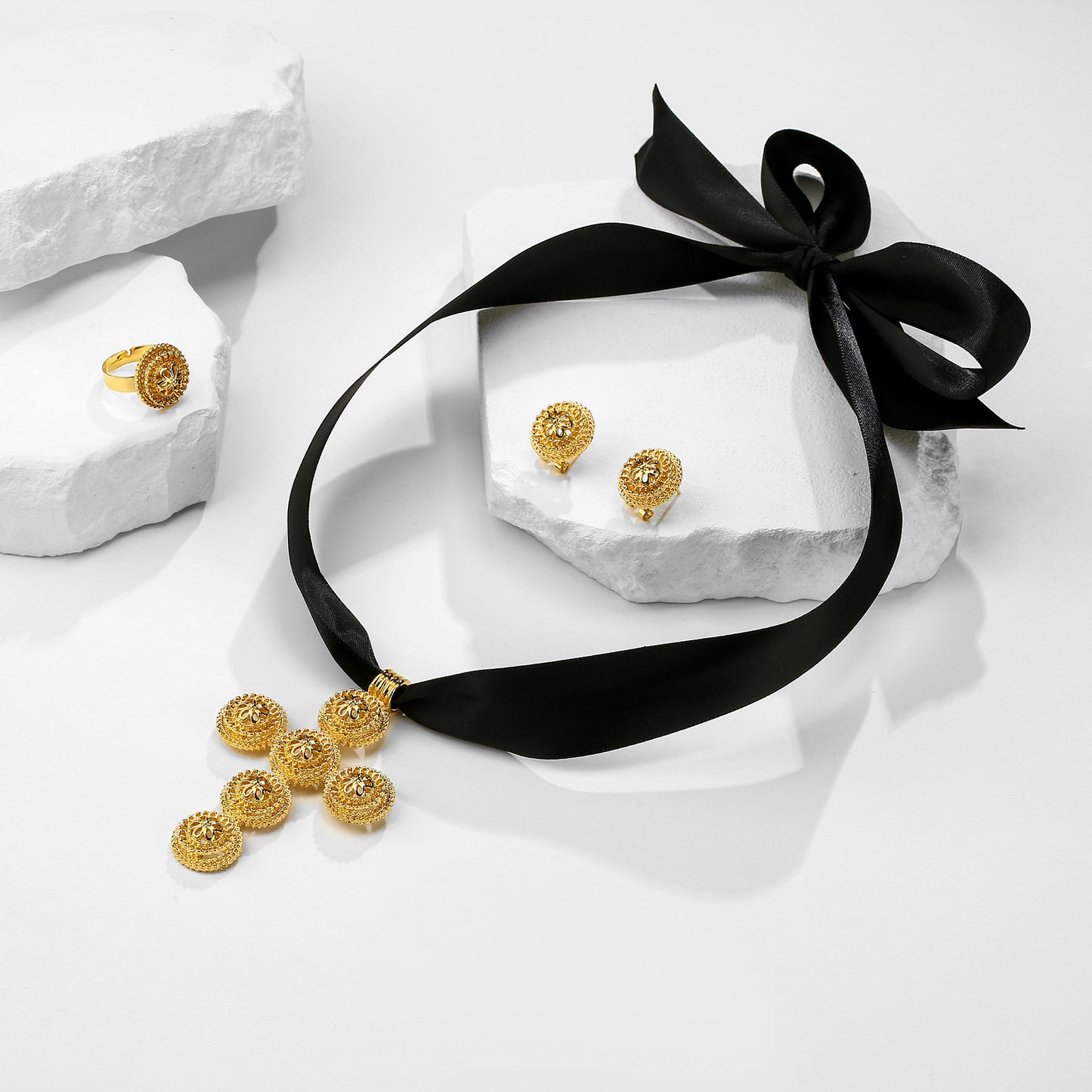 New  Gold Color Plated Cross Ethiopian Jewelry Set for women Bride Bridesmaid Anniversary Party Accessories