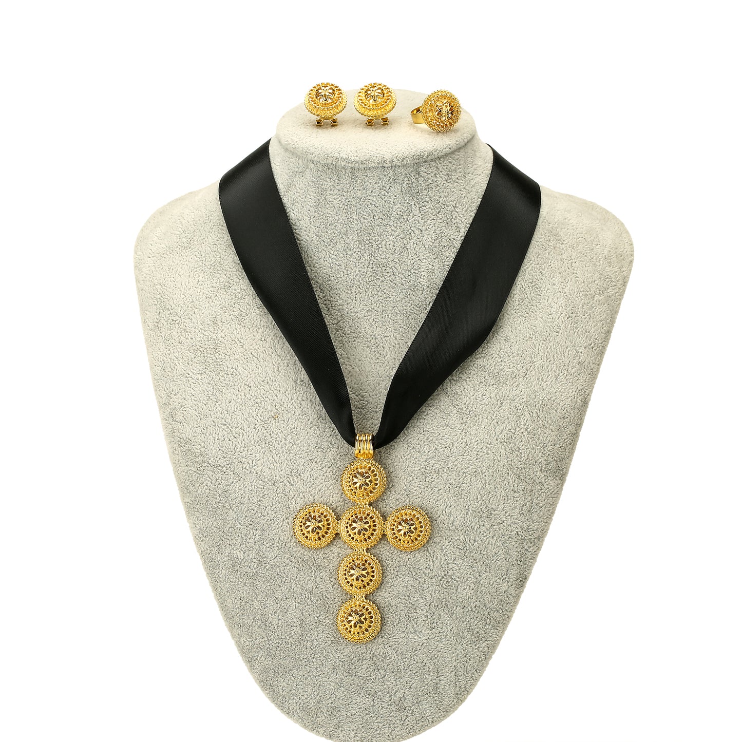 New  Gold Color Plated Cross Ethiopian Jewelry Set for women Bride Bridesmaid Anniversary Party Accessories
