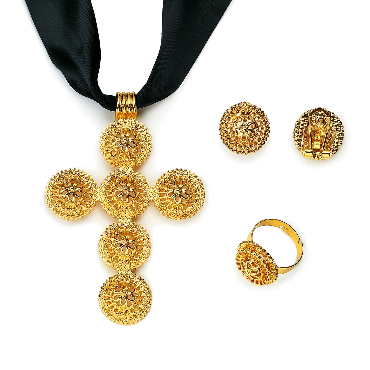 New  Gold Color Plated Cross Ethiopian Jewelry Set for women Bride Bridesmaid Anniversary Party Accessories