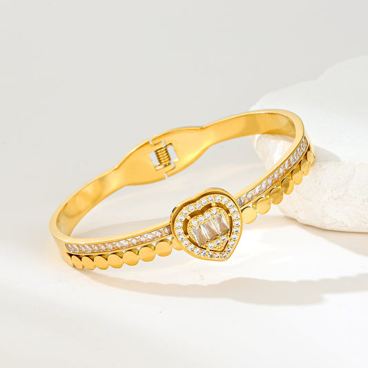 MY2129 Stainless Steel Openable Bangle with Zircon Design in Heart Shape (2.4inch)