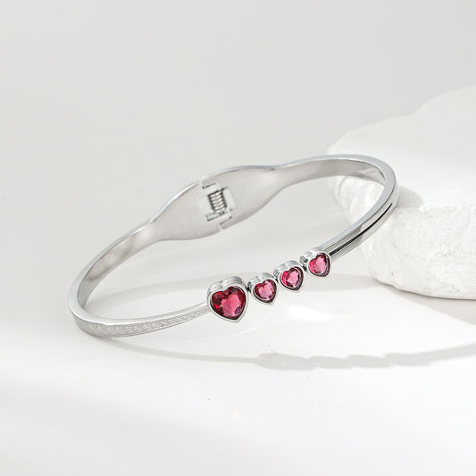 MY2133  Stainless Steel Openable Bangle with Pink Zircon Design in Heart Shape (2.4inch)