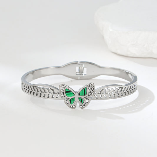 MY2141 Stainless Steel Openable Bangle with Green Butterfly Design (2.45inch)