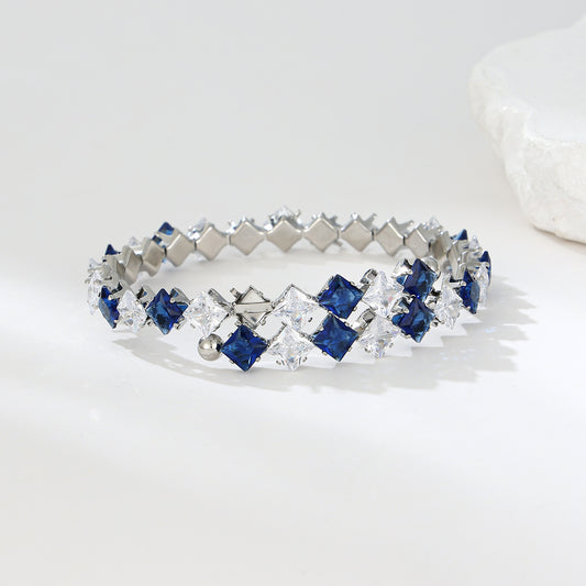 MY2145 Stainless Steel Openable Bangle with Blue Zircon Design in Lozenge Shape
