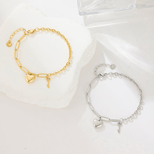 MY1580 Stainless Steel AB Chain Bracelet Plated with Heart and Key Charm