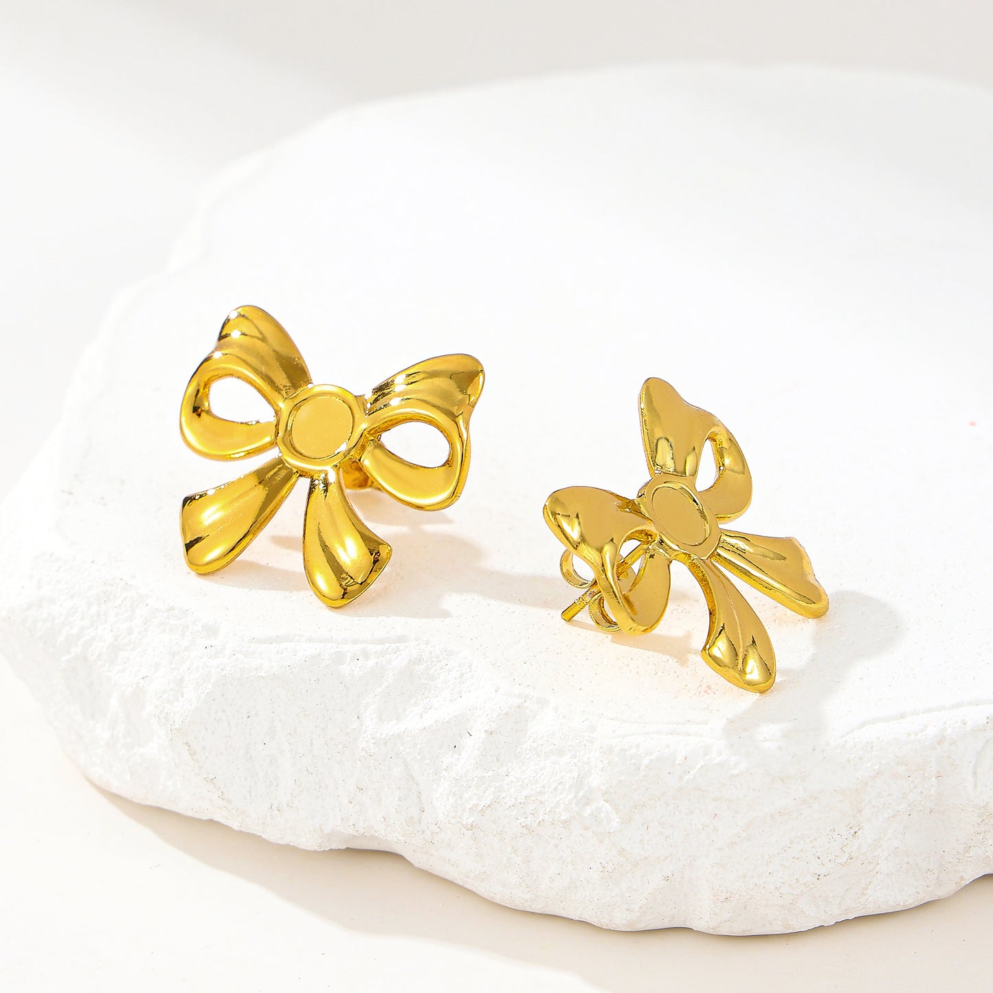 MY2014  Stainless Steel Bow-Shaped Stud  Earrings Plated with Real Gold