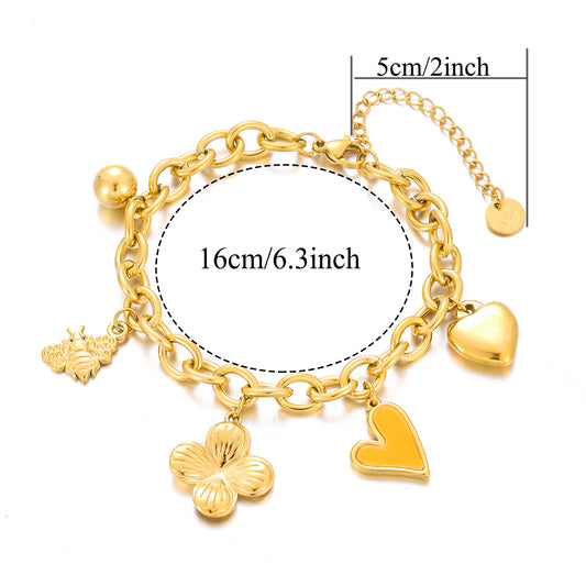 MY1707 Stainless Steel Bracelet [ Bee, Flower and Heart Charm ]