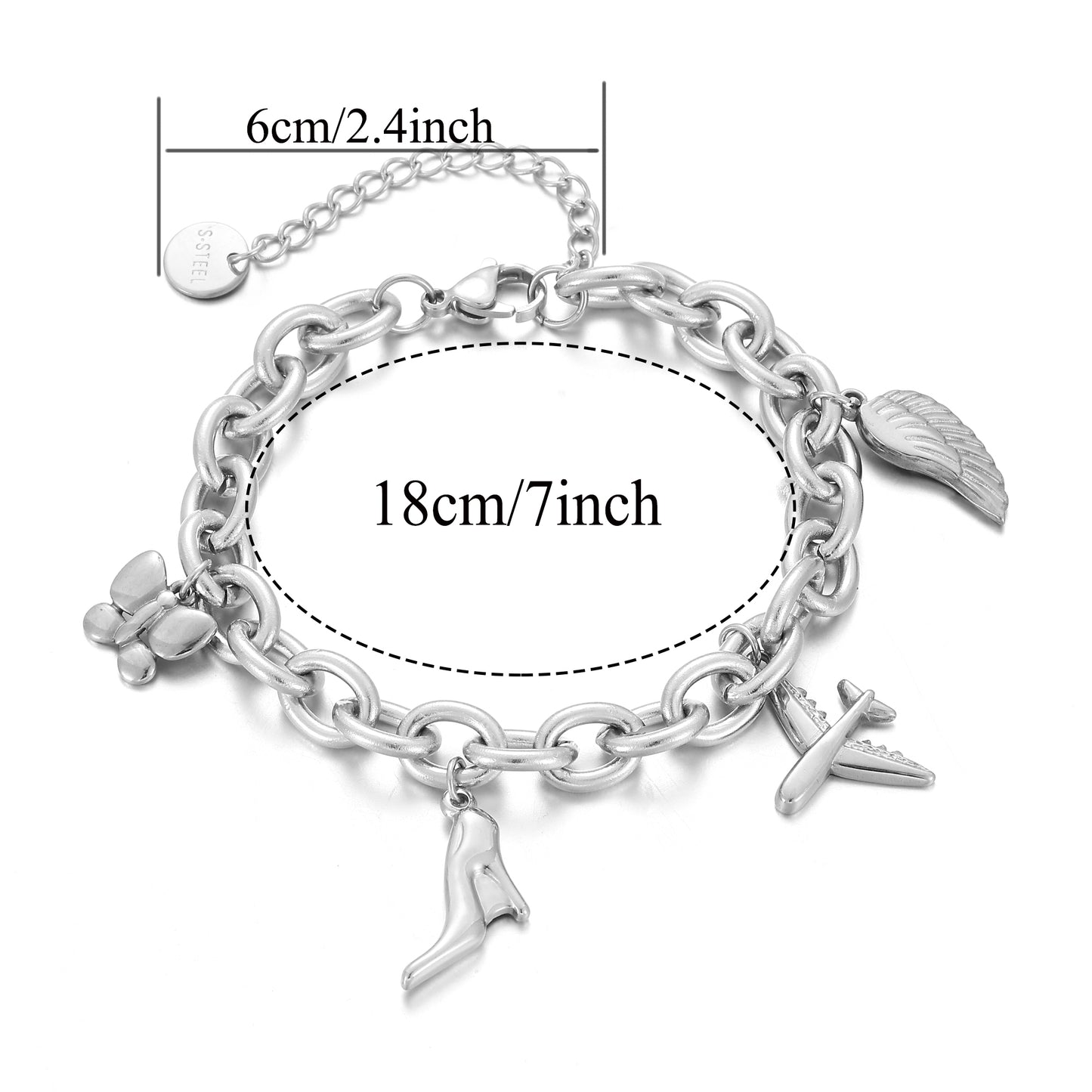 MY1713 Stainless Steel Bracelet at Wholesale Price[ Wing, High Heel, Aircraft and Butterfly Charm]