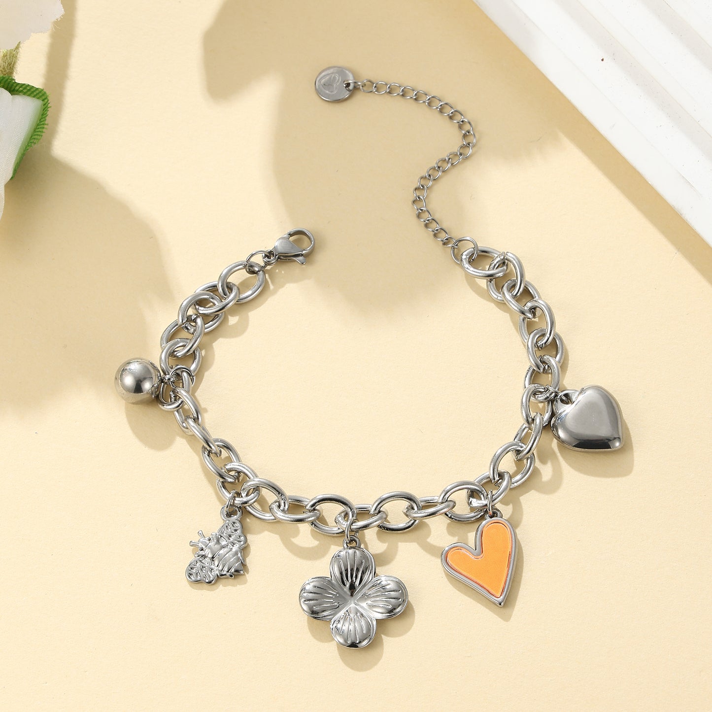 MY1707 Stainless Steel Bracelet [ Bee, Flower and Heart Charm ]