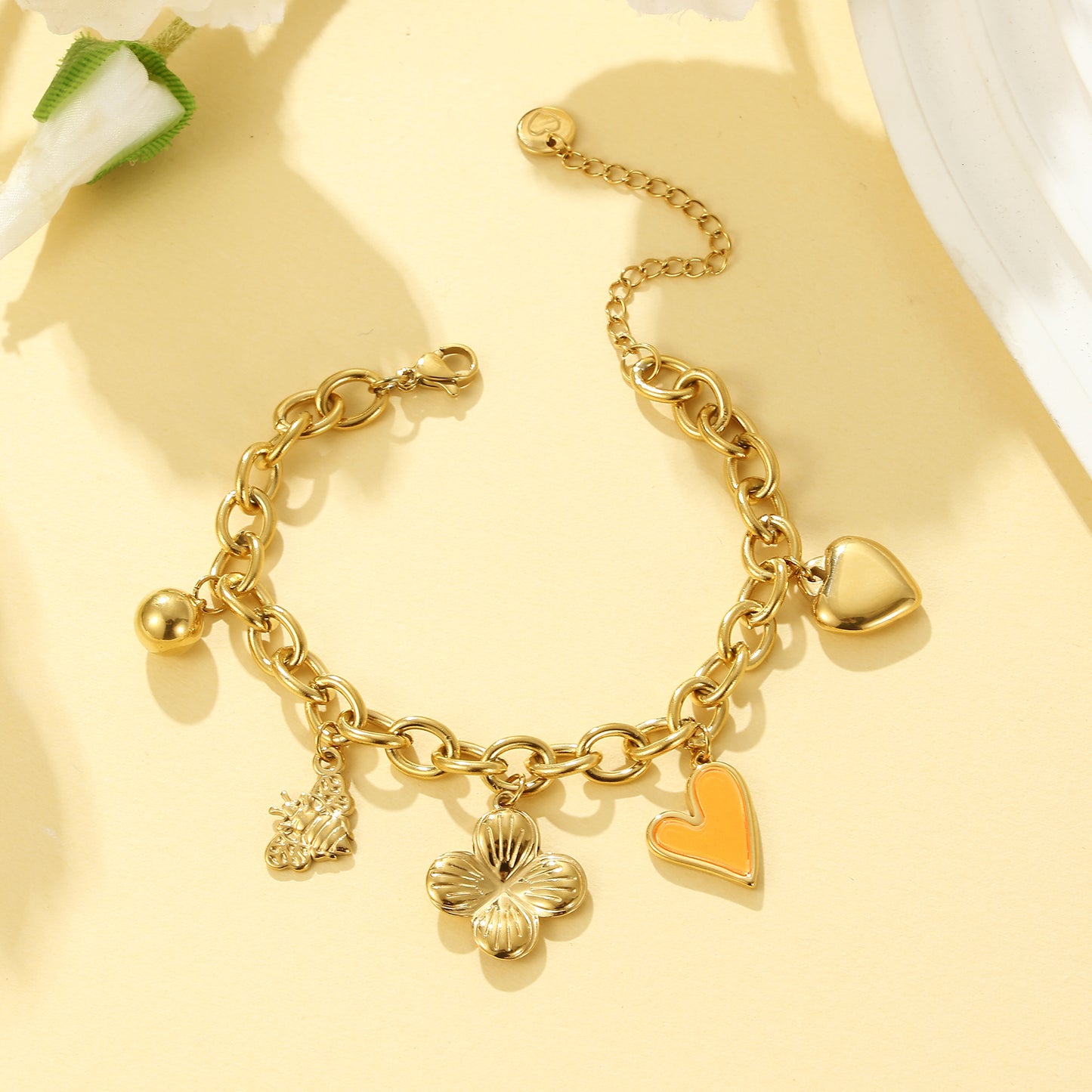 MY1707 Stainless Steel Bracelet [ Bee, Flower and Heart Charm ]