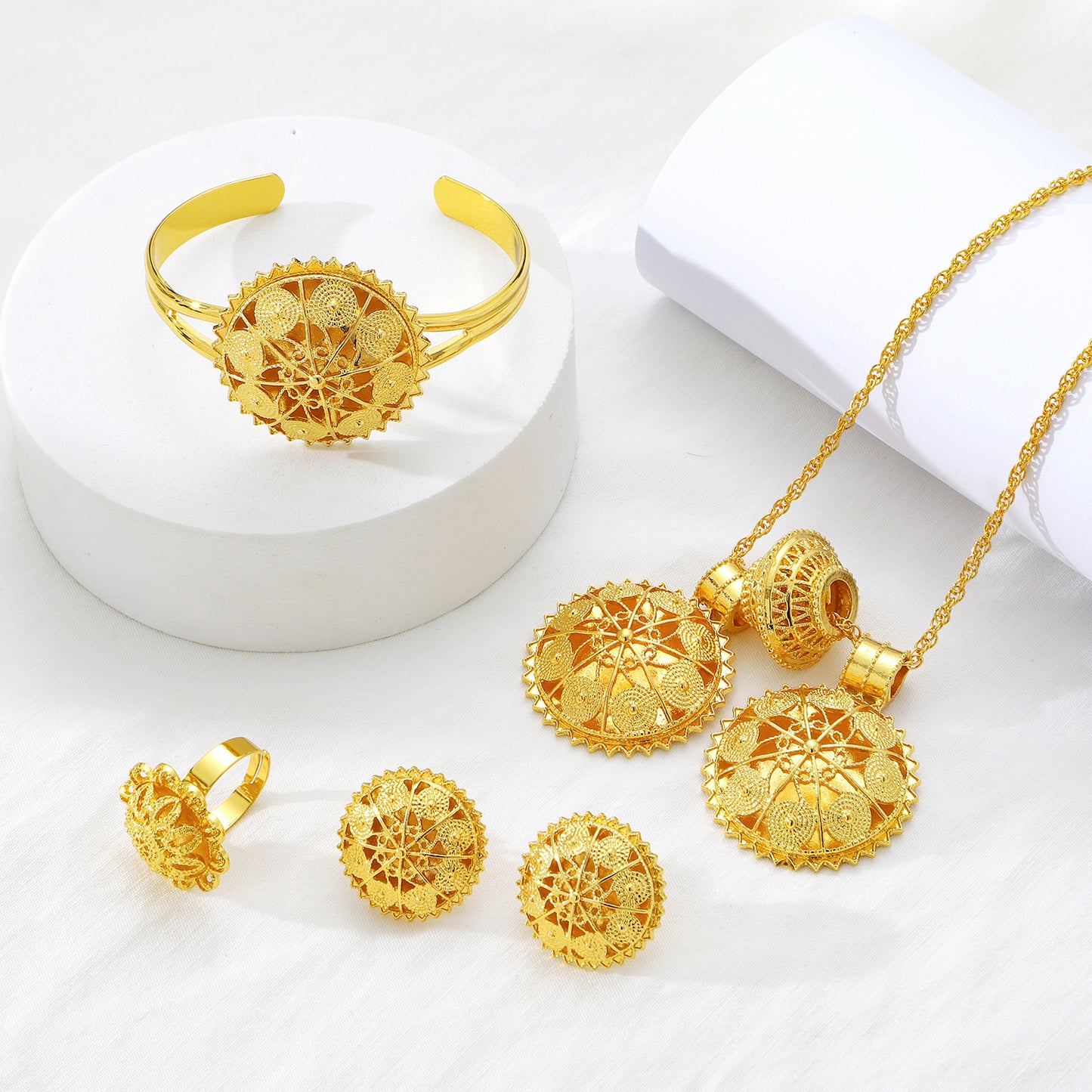 4Pcs 18K Gold Plated Ethiopian Jewelry Sets Necklace Eritrean/Habesha Bride Wedding Gifts