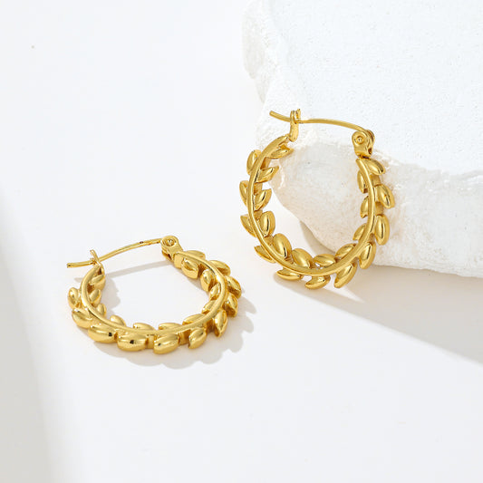 MY2004  Stainless Steel Hoop Earrings Plated with Real Gold in Olive Branches Design