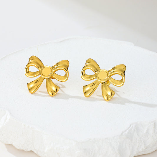 MY2014  Stainless Steel Bow-Shaped Stud  Earrings Plated with Real Gold
