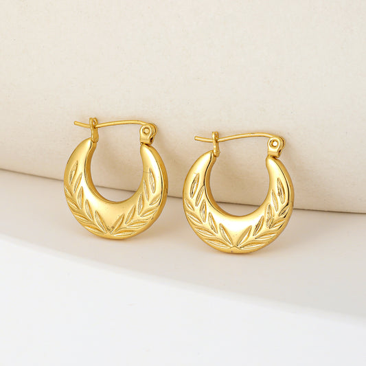 MY2017 Stainless Steel Hoop Earrings Plated with Real Gold in Leaves Pattern