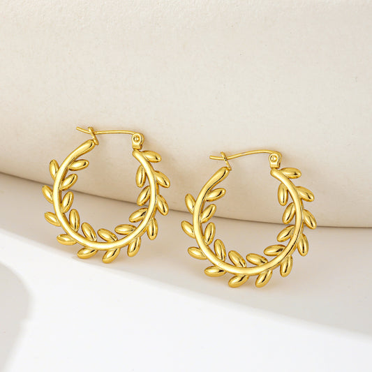 MY2019 Stainless Steel Hoop Earrings Plated with Real Gold in Olive Branches Design