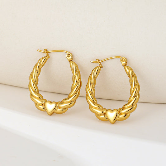 MY2025 Stainless Steel Heart Design Hoop Earrings Plated with Real Gold