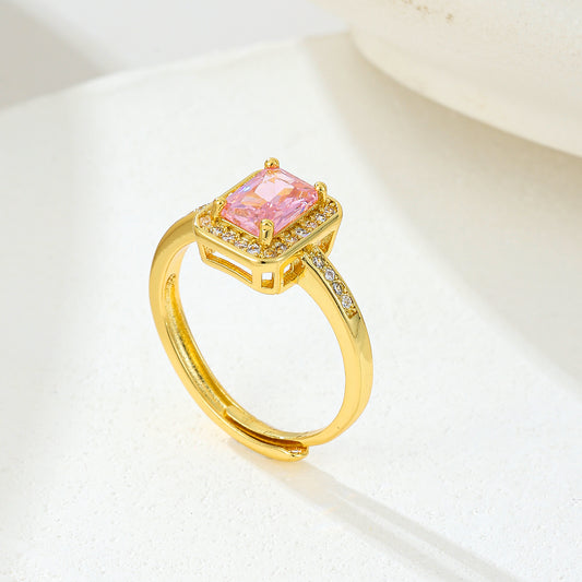 MY2047 24K Gold-Plated Adjustable Copper Ring with Pink Zircon Design for Women