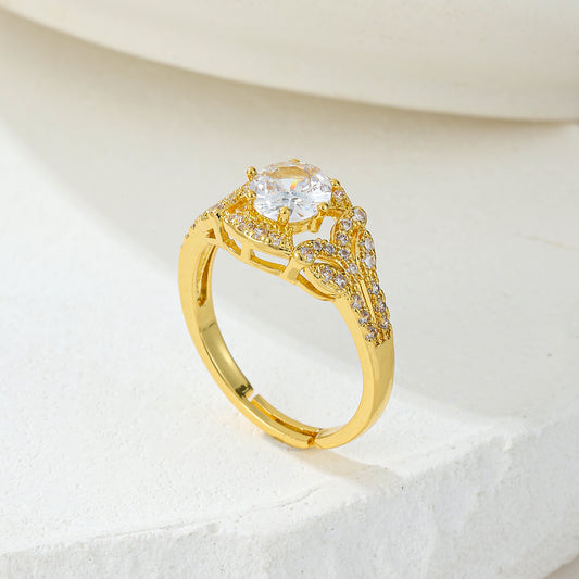 MY2048 24K Gold-Plated Adjustable Copper Ring with White Zircon Design for Women