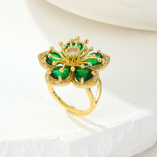 MY2049 24K Gold-Plated Adjustable Copper Ring with Green Zircon Design in Flower Shape