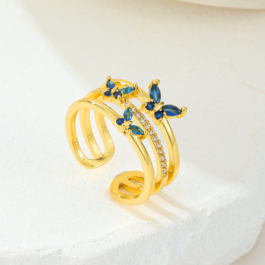 MY2050 24K Gold-Plated Openable Copper Ring with Butterfly-Shaped Design Adorned with Blue Zircon