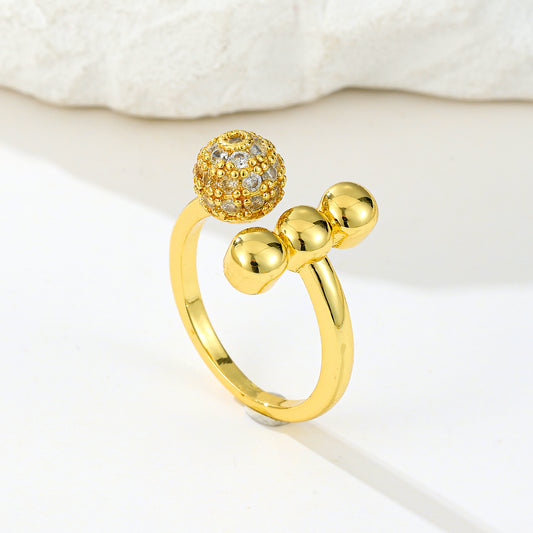MY2051 24K Gold-Plated Openable Copper Ring with Spherical Design Adorned with White Zircon