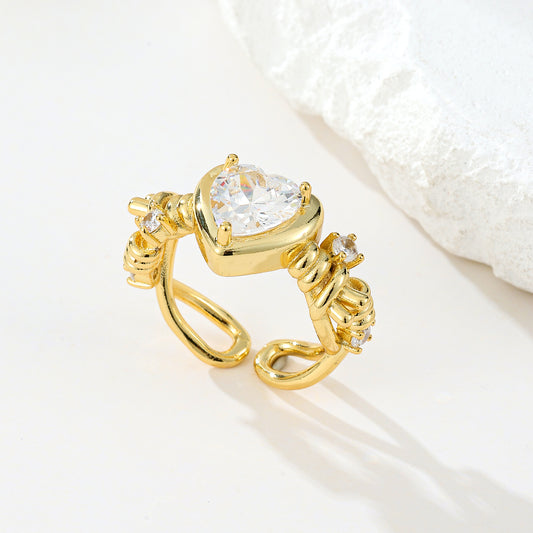 MY2054  24K Gold-Plated Openable Copper Ring with Heart-Shaped Design Adorned with White Zircon