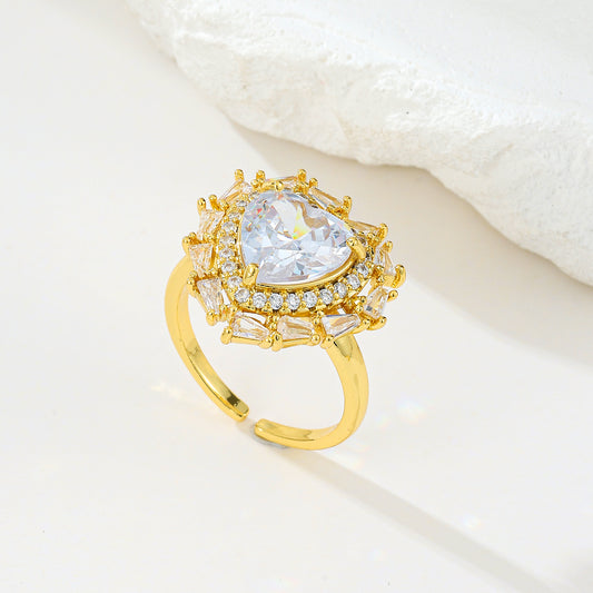 MY2064 24K Gold-Plated Openable Copper Ring with Heart-Shaped Design Adorned with White Zircon