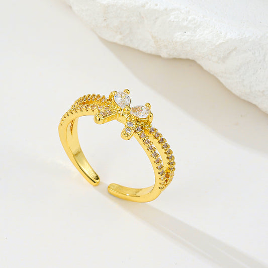 MY2065 24K Gold-Plated Openable Copper Ring with Bow Design Adorned with White Zircon