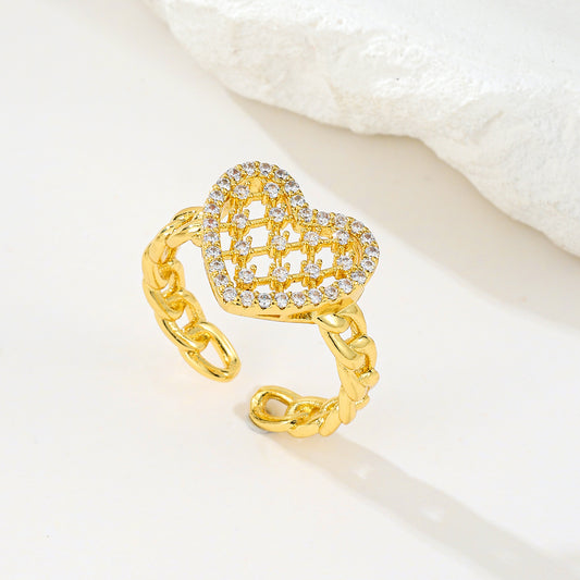 MY2066 24K Gold-Plated Openable Copper Ring with Heart-Shaped Design Adorned with White Zircon